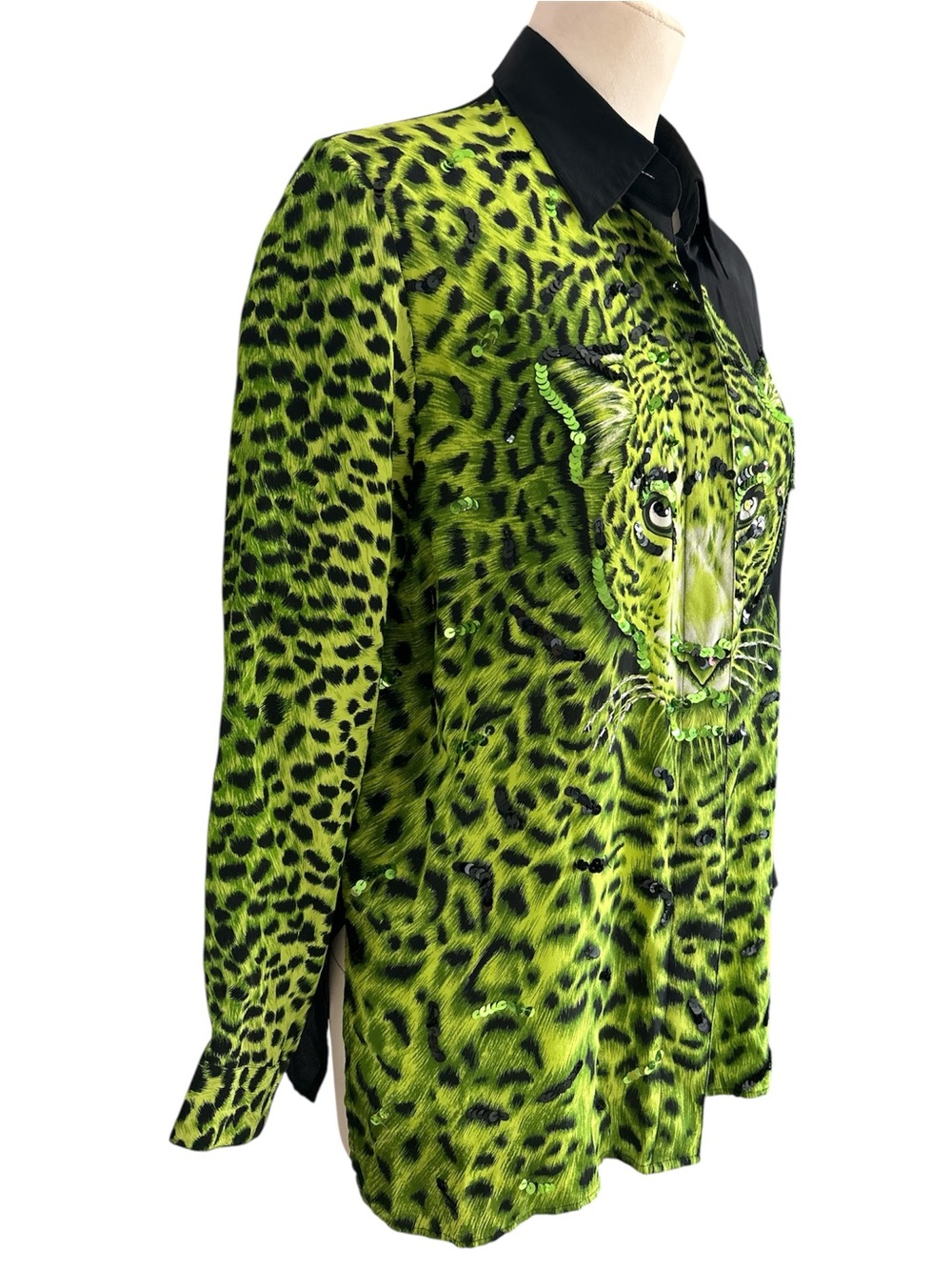 Vintage Diane Gilman neon green silk, a leopard sequin button down blouse M - Picture 2 of 13